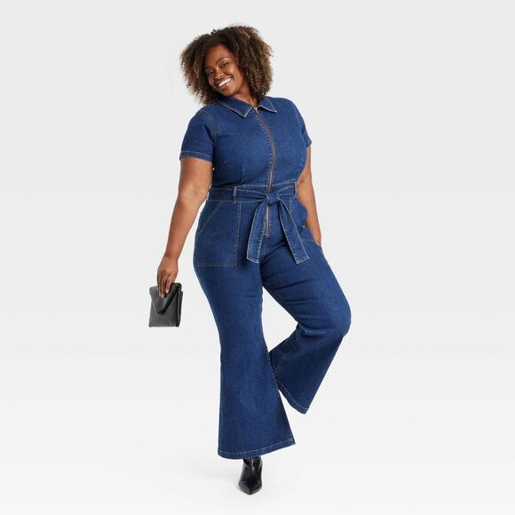 Ava & Viv - Women's Short Sleeve Denim Jumpsuit - Ava & Viv Da Dark Wash - Picture 3 of 3
